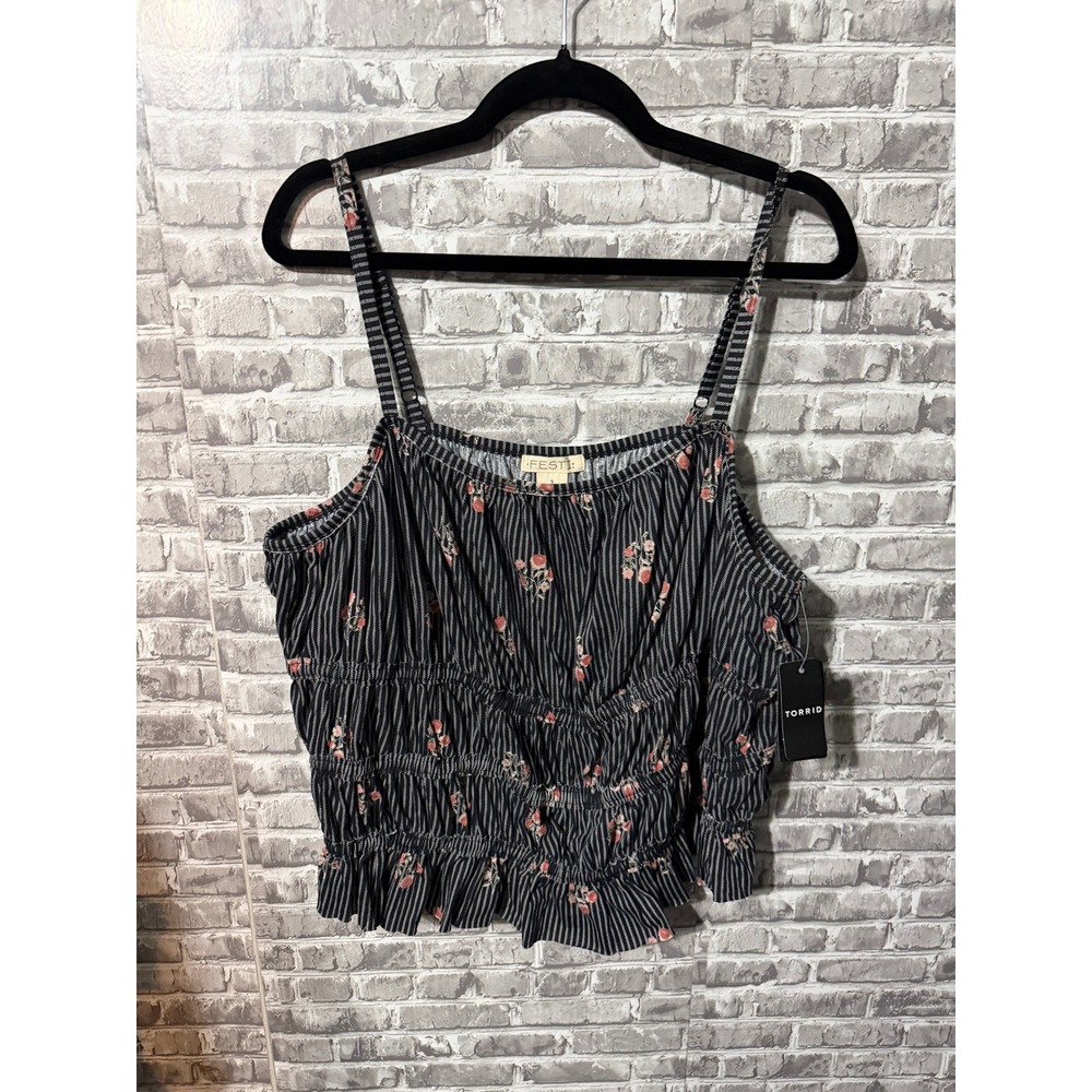Torrid Festi Knit Smocked Cami Top Black Floral Stripe Plus Size 3 3X 22-24 NWT
